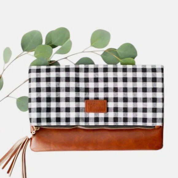 Fold Over Clutch - Brown with Black & White Buffalo Check - NWT - Picture 1 of 4
